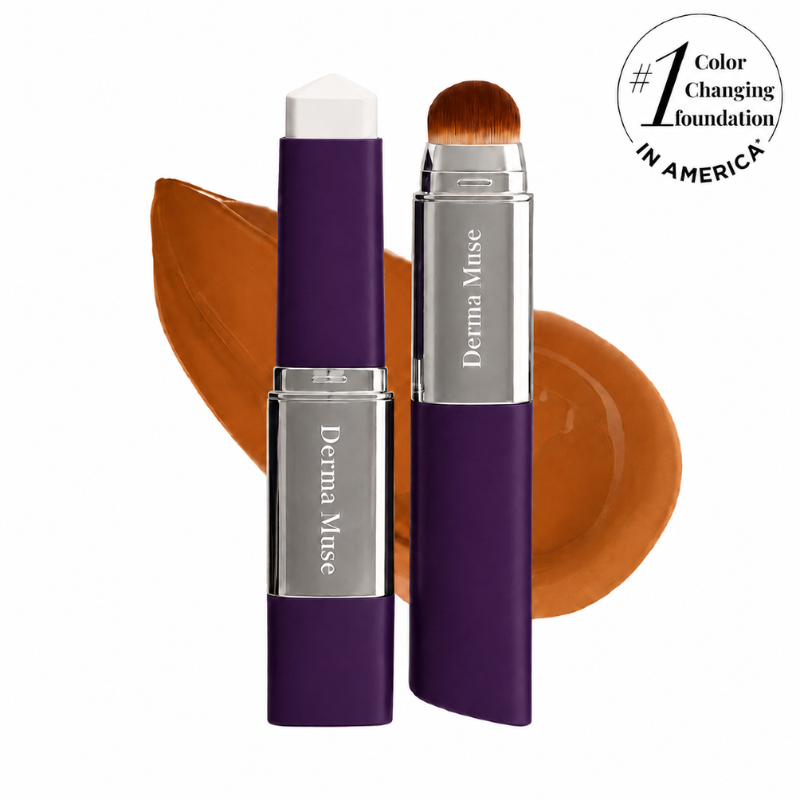 Derma Muse dual-ended color-changing foundation stick in aubergine and chrome