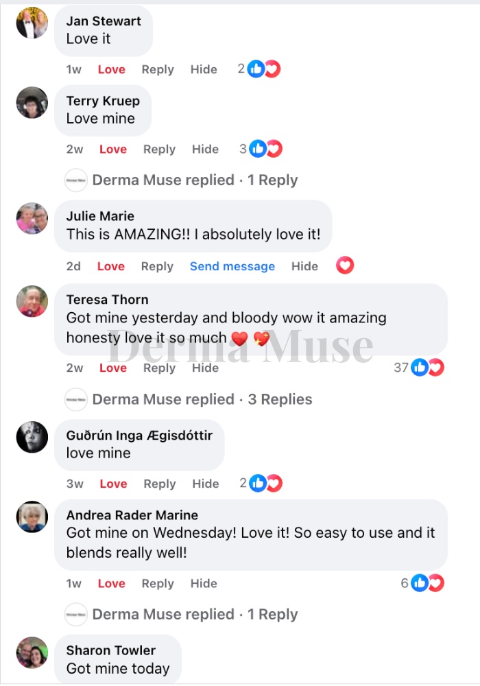 Unedited Facebook comment thread, seven customers replying under a Derma Muse post