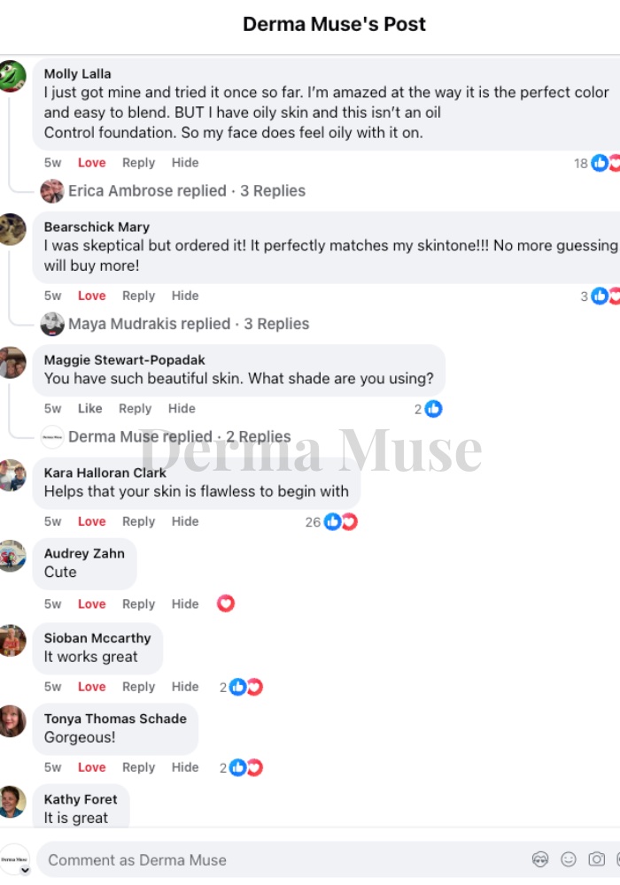 Unedited comment thread under a Derma Muse post, including a note about oily skin